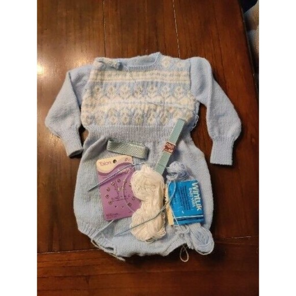 BABY BOY HAND KNIT Fair Isle SWEATER Romper SIZE 3-6 MONTHS. BLUE. Incomplete - Picture 1 of 6